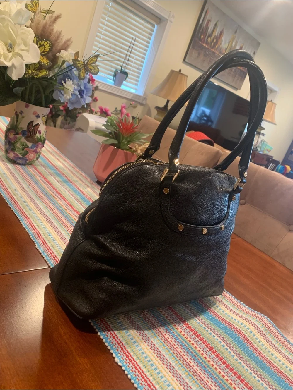 Tory Burch Black Pebbled Leather Satchel with Logo Medallion